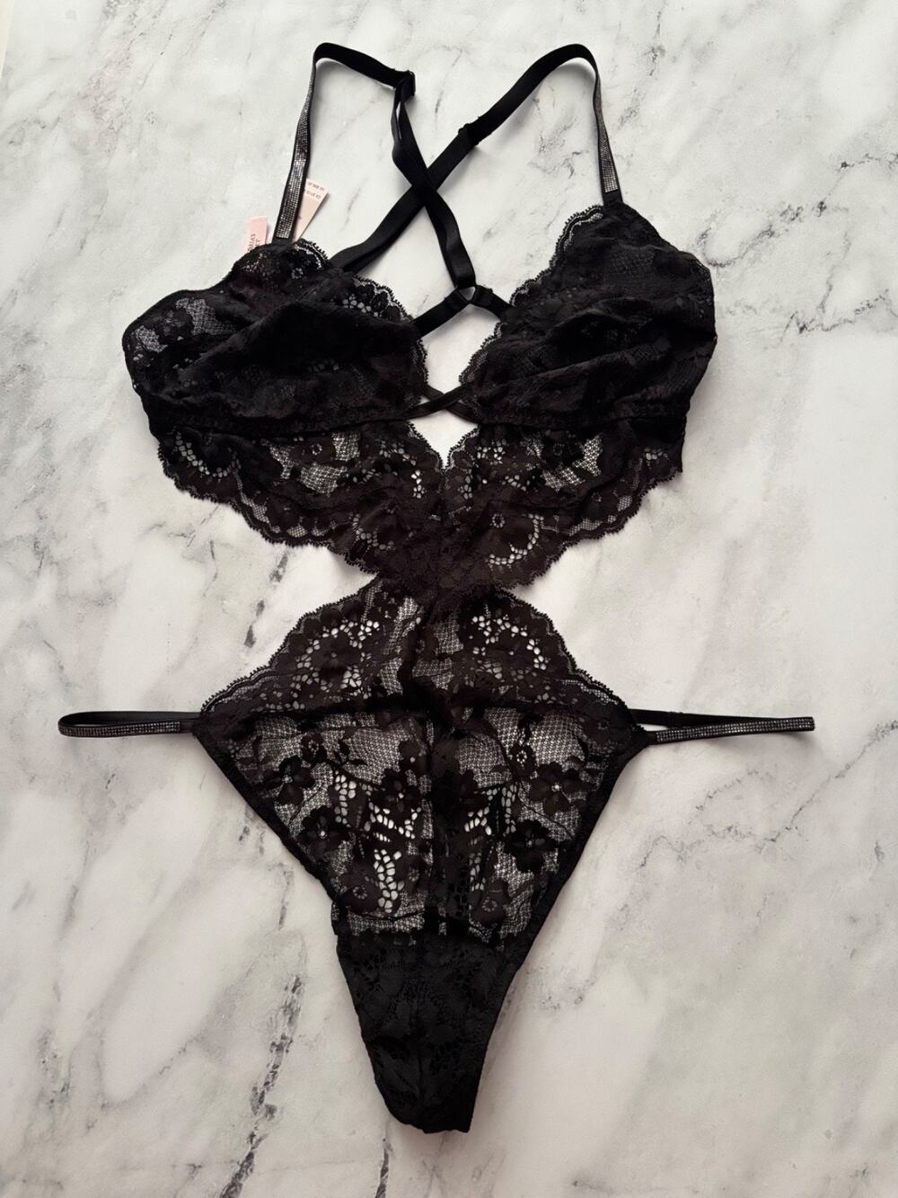Victoria's Secret Black Cut Out Shine Strap Lace V String Bodysuit Teddy XL